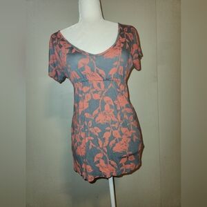 Y2k Forever 21 Heritage 1981 Grey And Coral Floral Cap Short Sleeve Babydoll Top